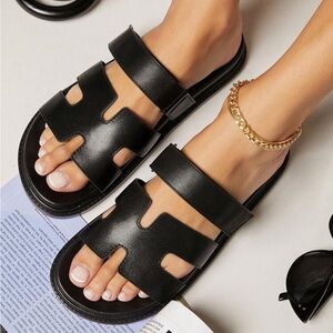 Never Worn - Black H-Shaped Slide Sandals Minimalist Vegan Leather